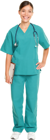 Smiling nurse in teal scrubs holding clipboard.