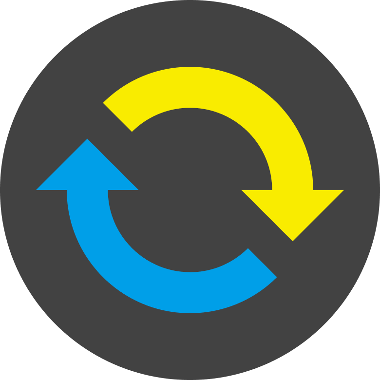 Yellow and blue circular arrows on dark background.