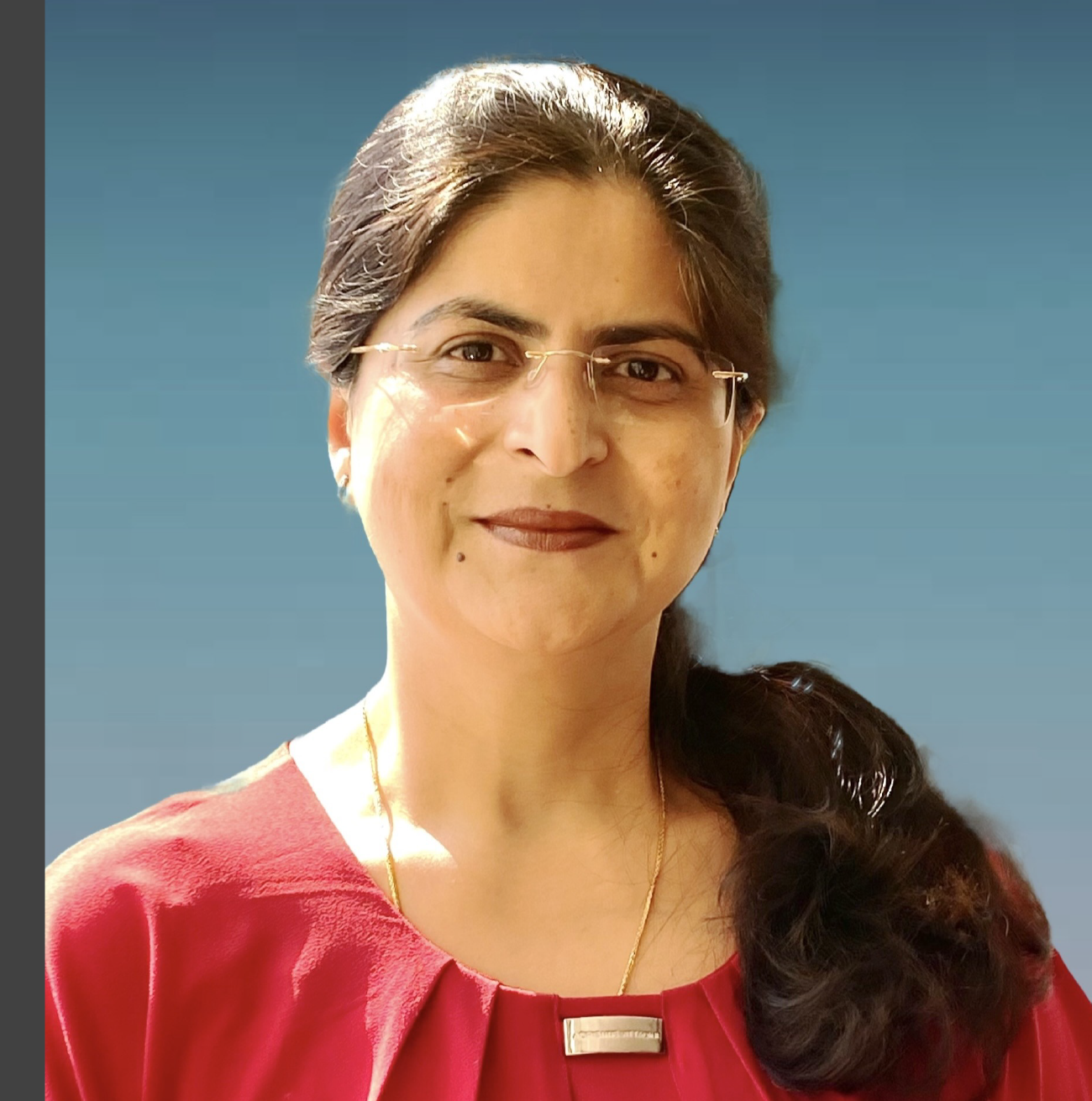 Smiling person with striped shirt on white background
